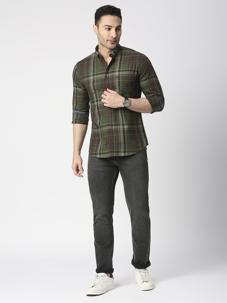 Olive Twill Checked Shirt With Pocket