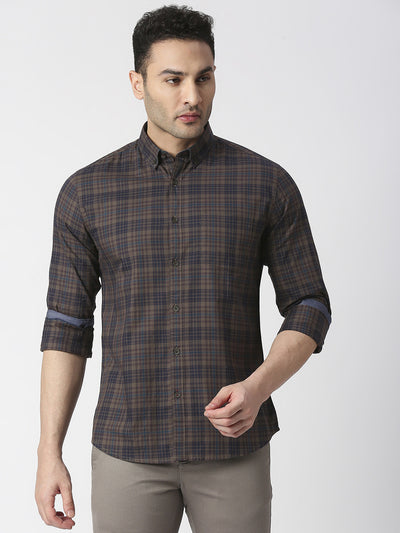 Wood Brown Premium Cotton Fine Twill Checks Shirt