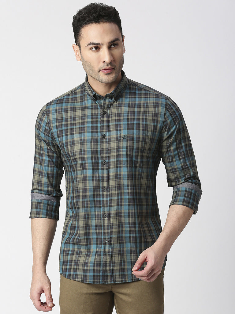 Turquoise Twill Checked Shirt With Pocket