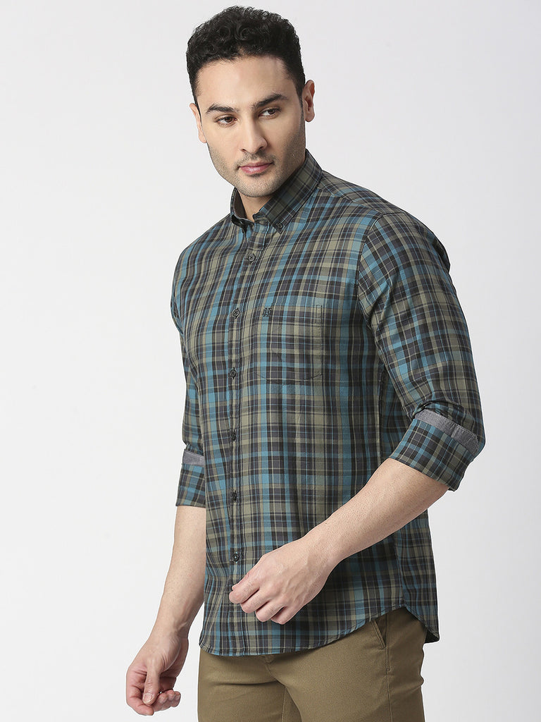 Turquoise Twill Checked Shirt With Pocket