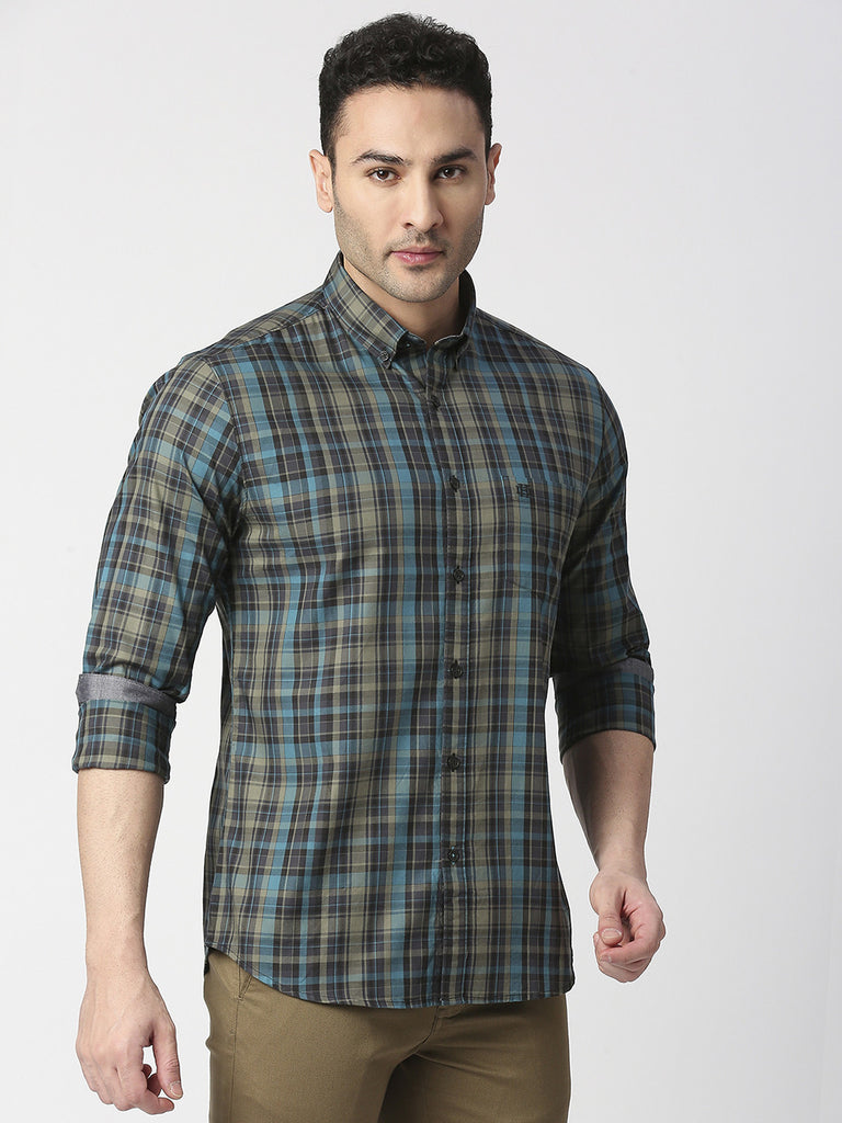 Turquoise Twill Checked Shirt With Pocket