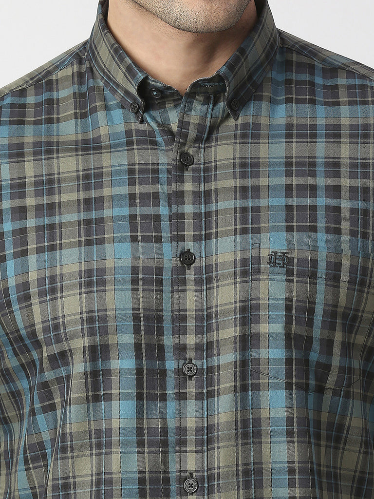 Turquoise Twill Checked Shirt With Pocket