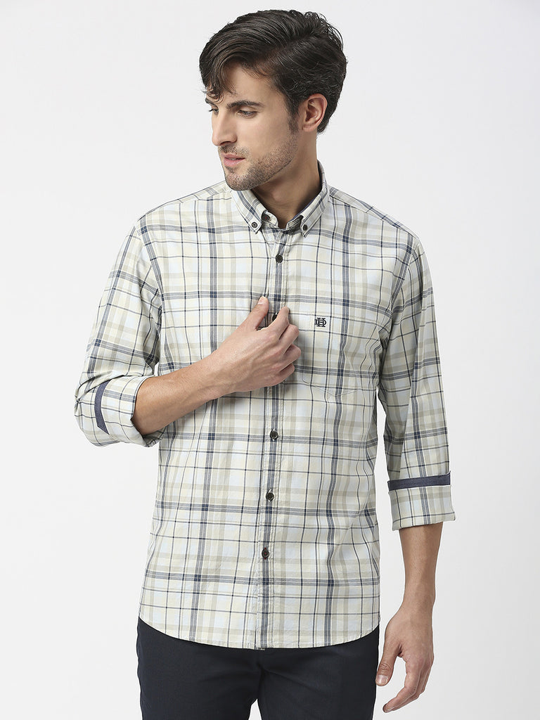 Beige Twill Checked Shirt With Pocket