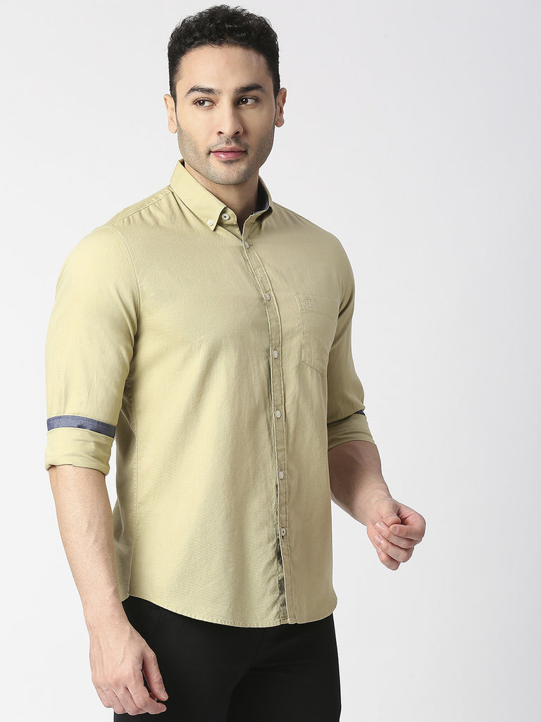 Beige Fine Dobby Cotton Shirt With Pocket