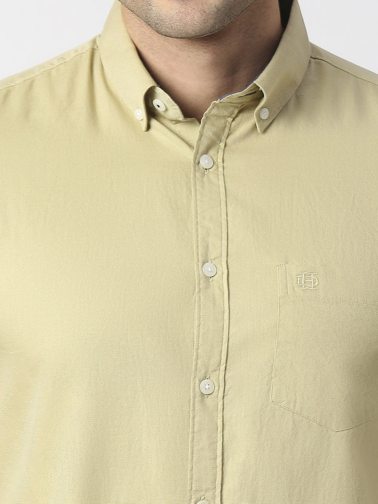 Beige Fine Dobby Cotton Shirt With Pocket