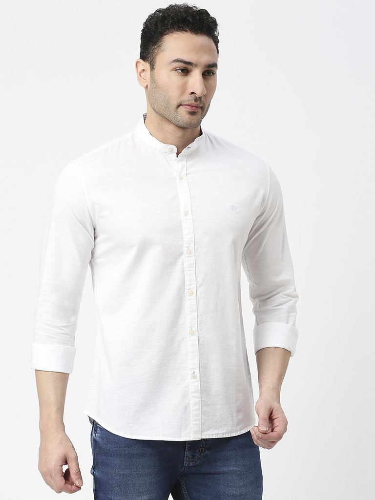 White Premium Cotton Solid Shirt With Mandarin Collar