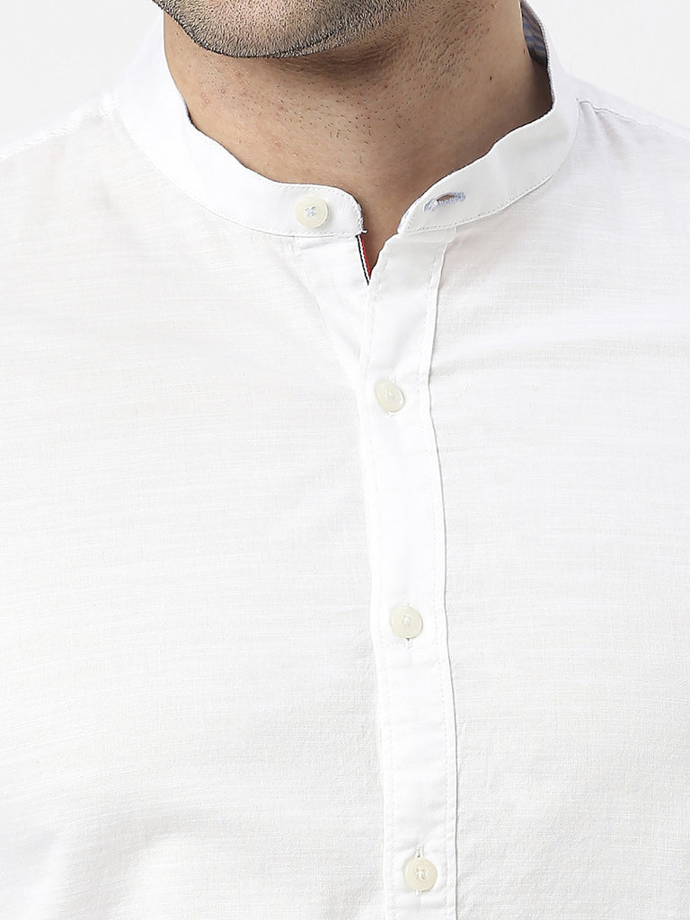 White Premium Cotton Solid Shirt With Mandarin Collar