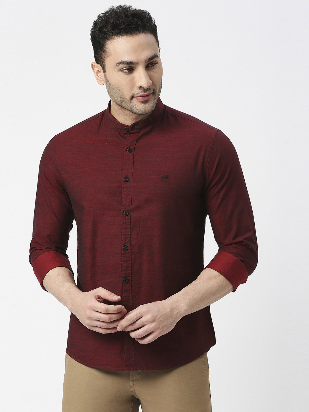 Wine Premium Cotton Solid Shirt With Mandarin Collar