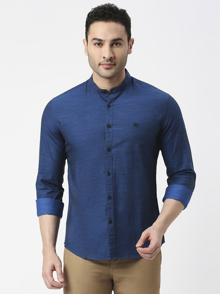 Royal Blue Premium Cotton Solid Shirt With Mandarin Collar