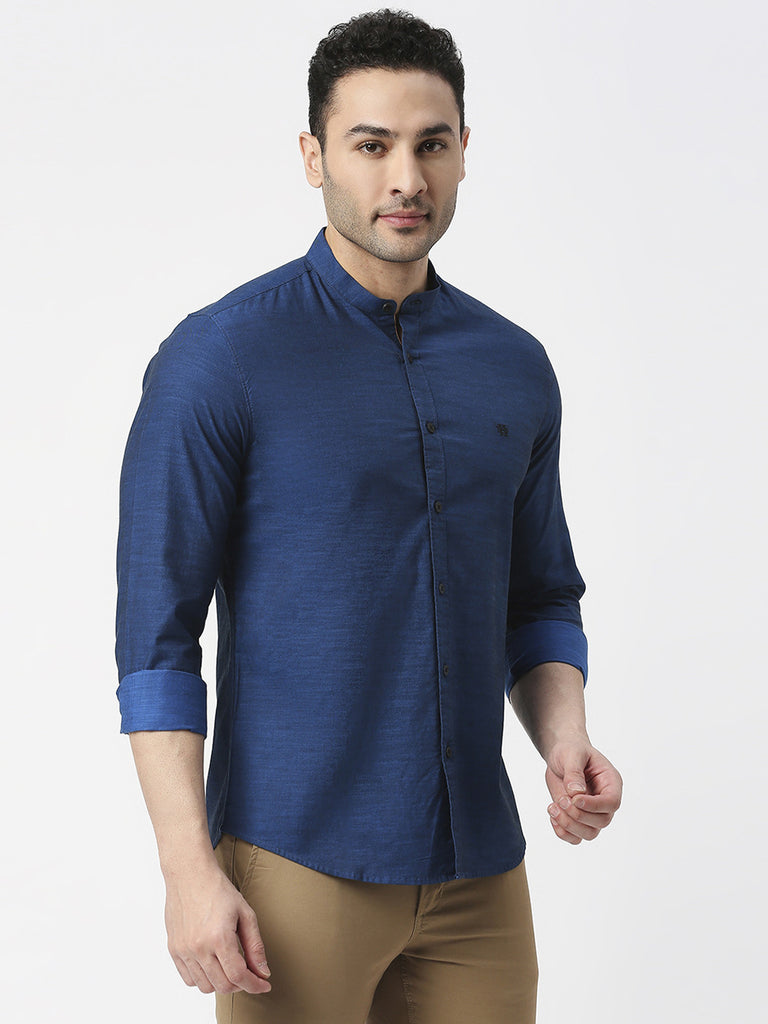 Royal Blue Premium Cotton Solid Shirt With Mandarin Collar