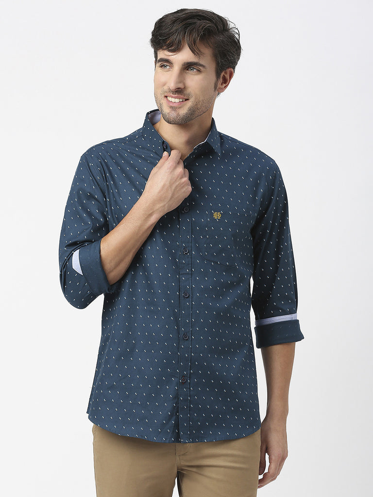 Petrol Blue Premium Cotton Oxford Printed Shirt