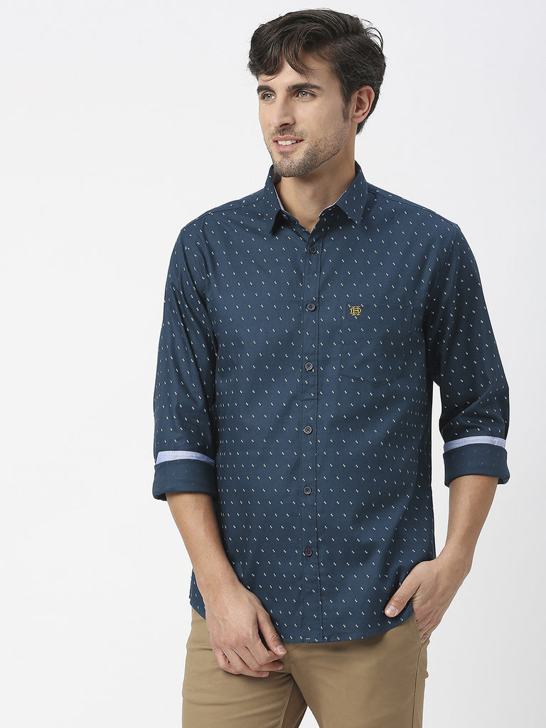 Petrol Blue Premium Cotton Oxford Printed Shirt