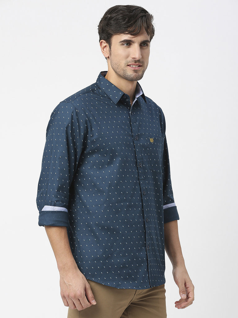 Petrol Blue Premium Cotton Oxford Printed Shirt