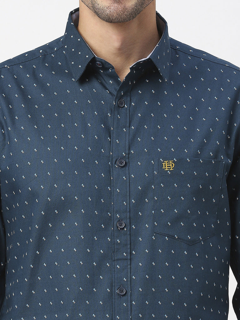 Petrol Blue Premium Cotton Oxford Printed Shirt