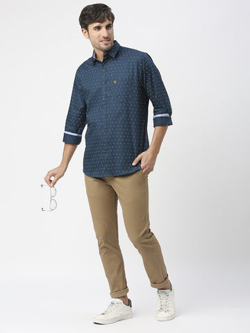 Petrol Blue Premium Cotton Oxford Printed Shirt