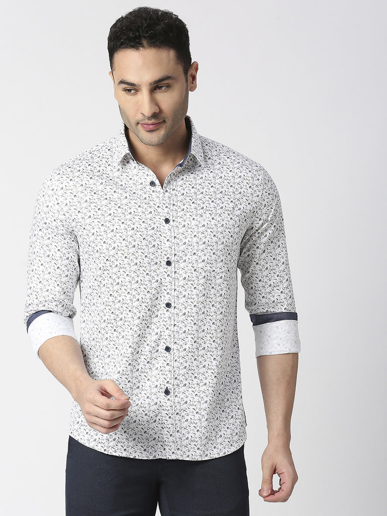 White Dobby Printed Shirt With Pocket