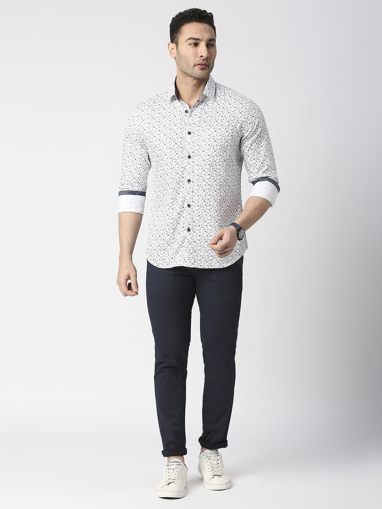 White Dobby Printed Shirt With Pocket