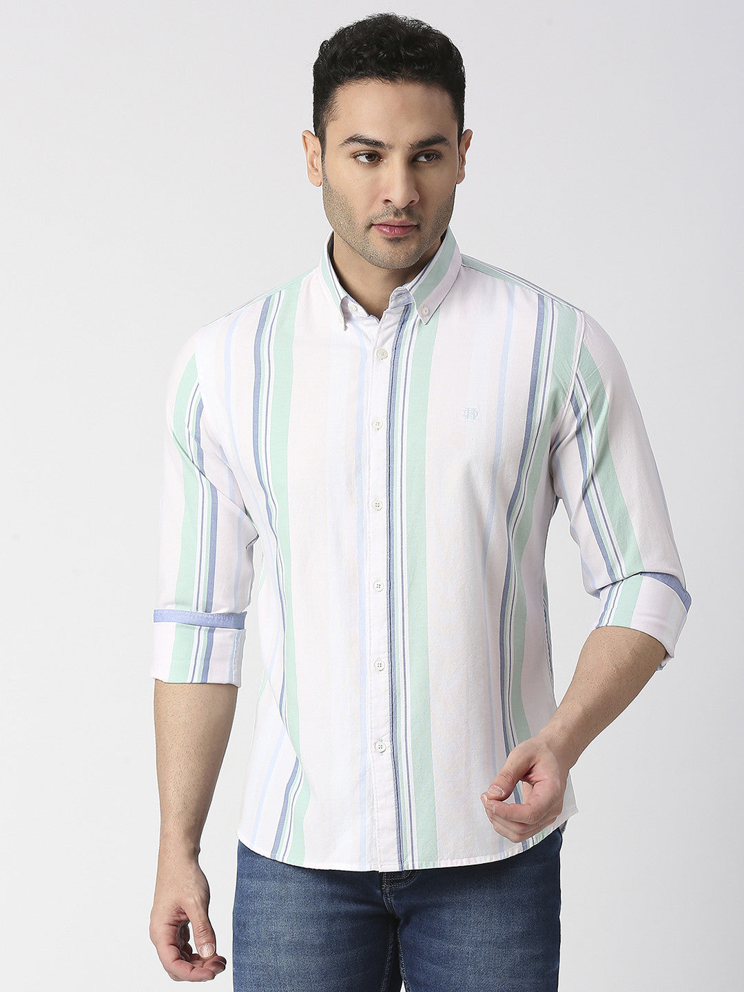 Pistachio Verticle Striped Oxford Shirt With Button Down Collar