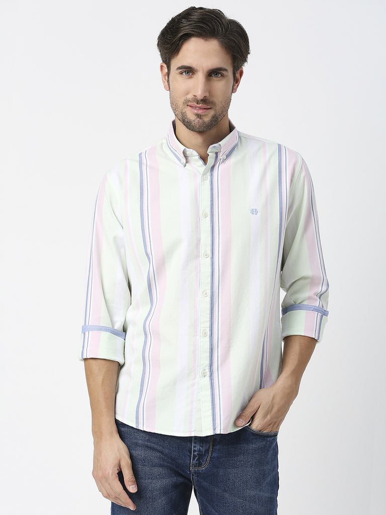 Pink Verticle Striped Oxford Shirt With Button Down Collar