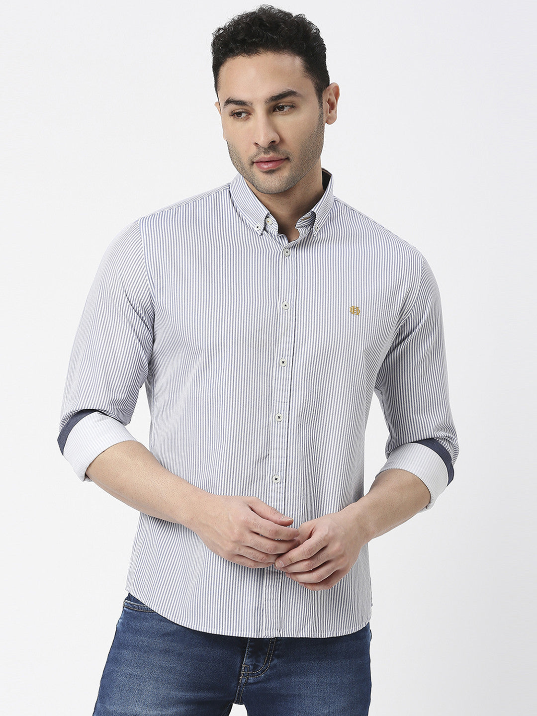 Blue Twill Verticle Striped Shirt With Button Down Collar