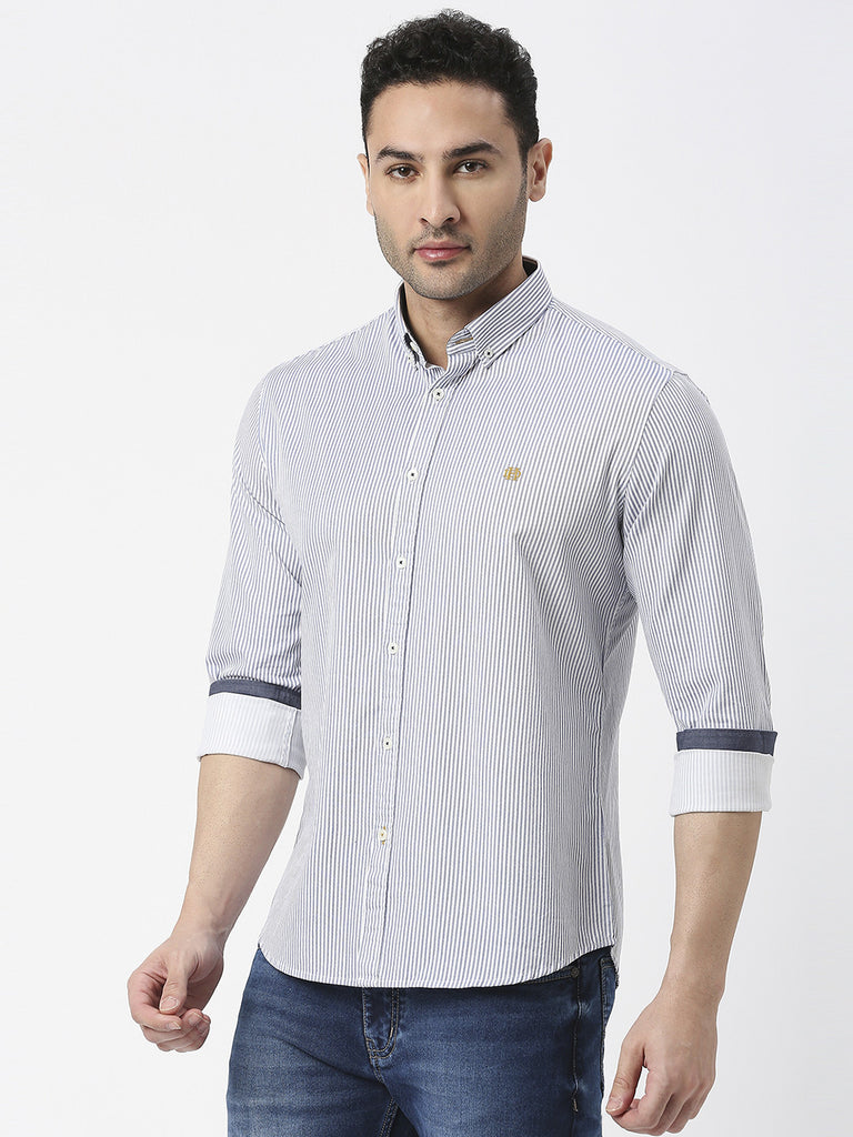 Blue Twill Verticle Striped Shirt With Button Down Collar