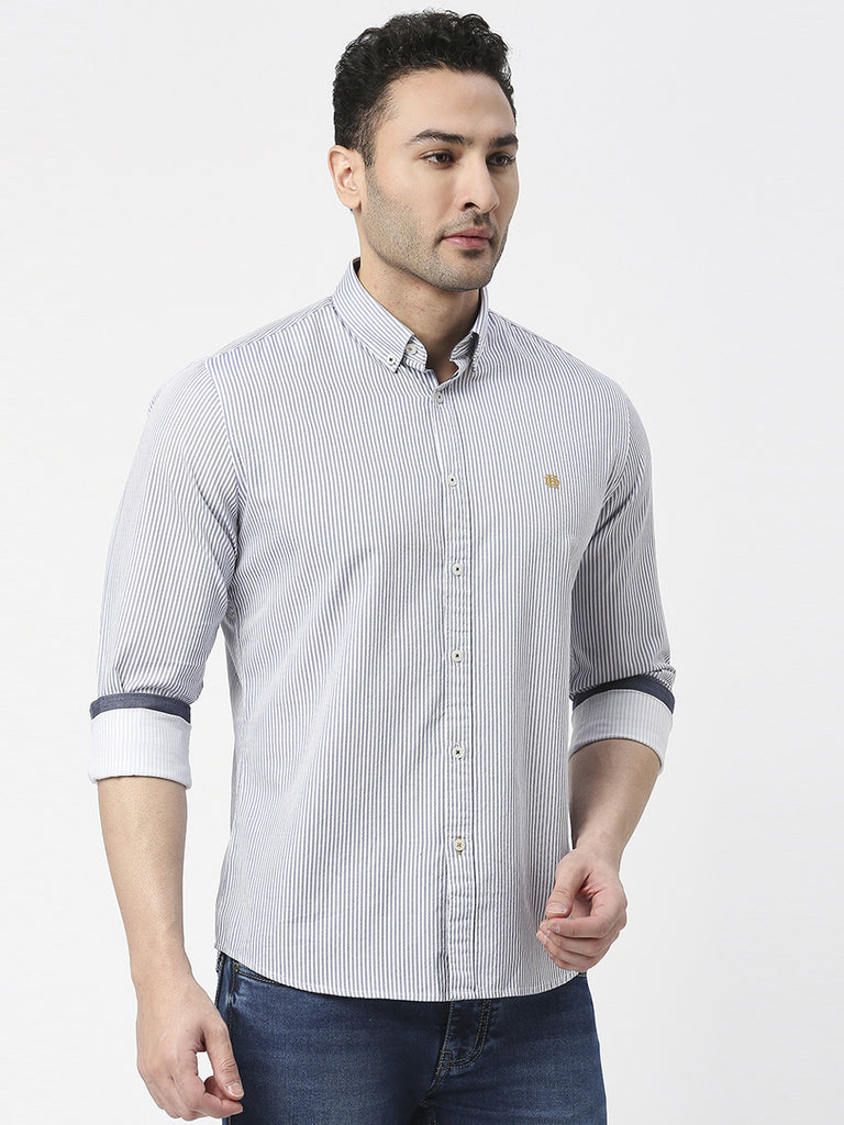 Blue Twill Verticle Striped Shirt With Button Down Collar