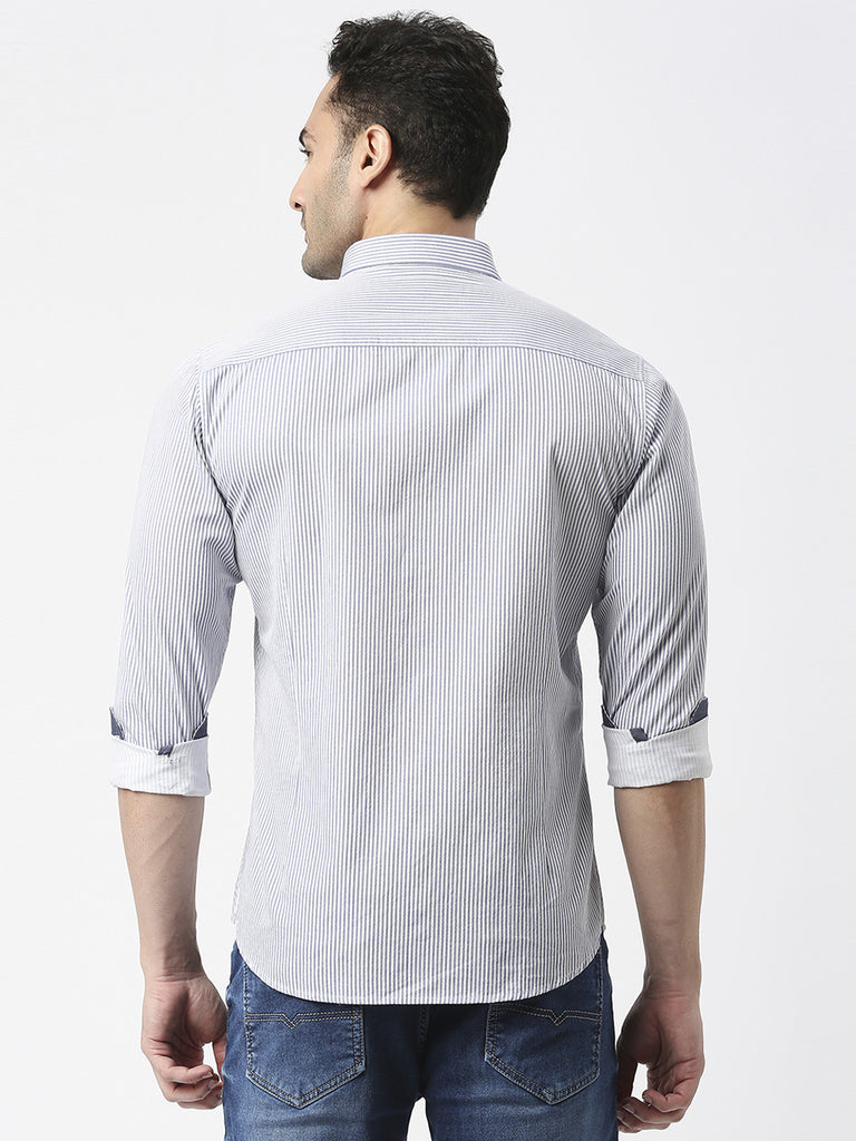 Blue Twill Verticle Striped Shirt With Button Down Collar