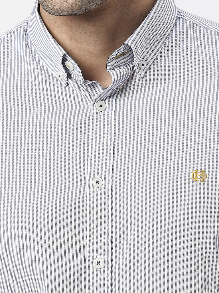 Blue Twill Verticle Striped Shirt With Button Down Collar