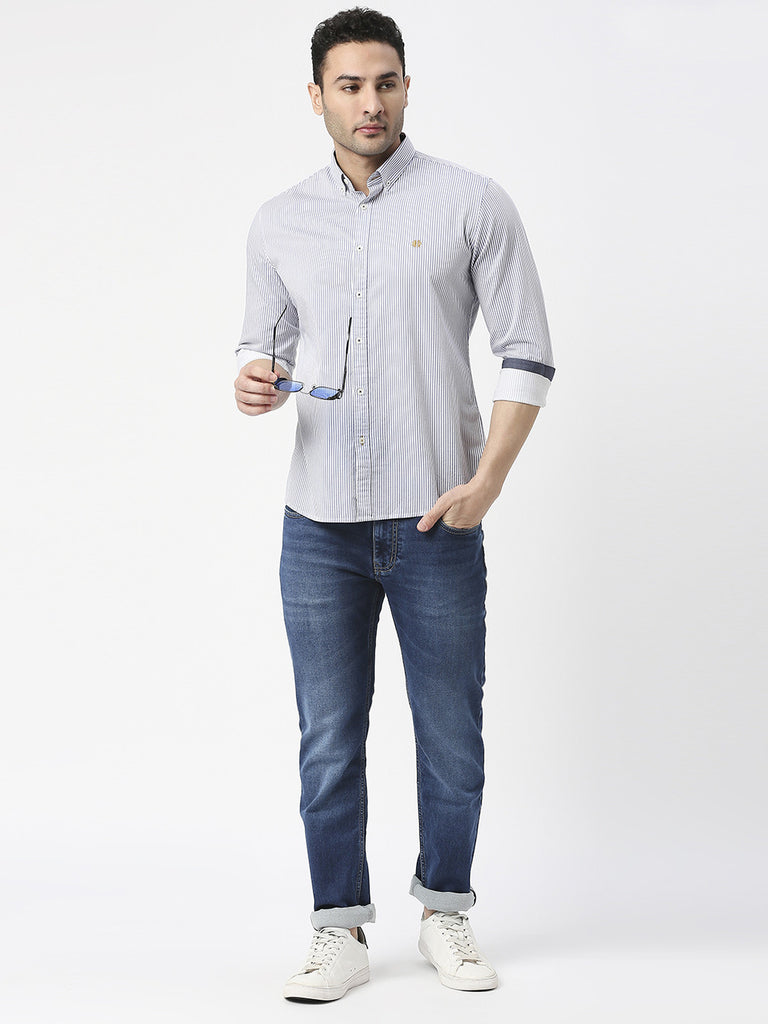 Blue Twill Verticle Striped Shirt With Button Down Collar