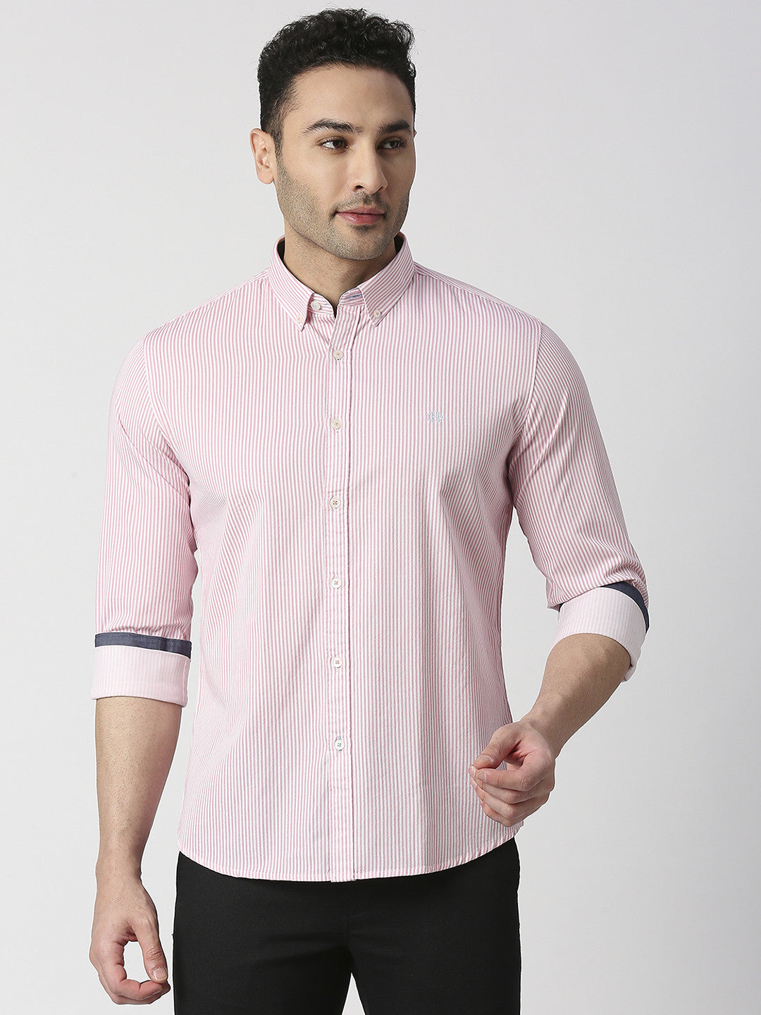 Pink Twill Verticle Striped Shirt With Button Down Collar