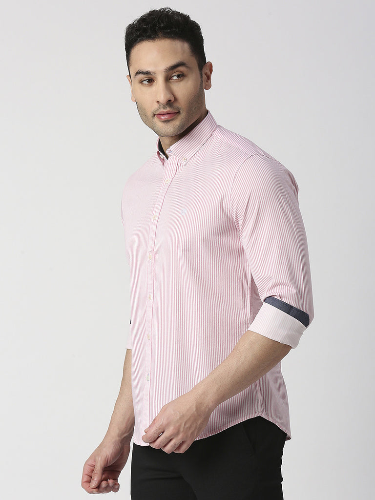 Pink Twill Verticle Striped Shirt With Button Down Collar