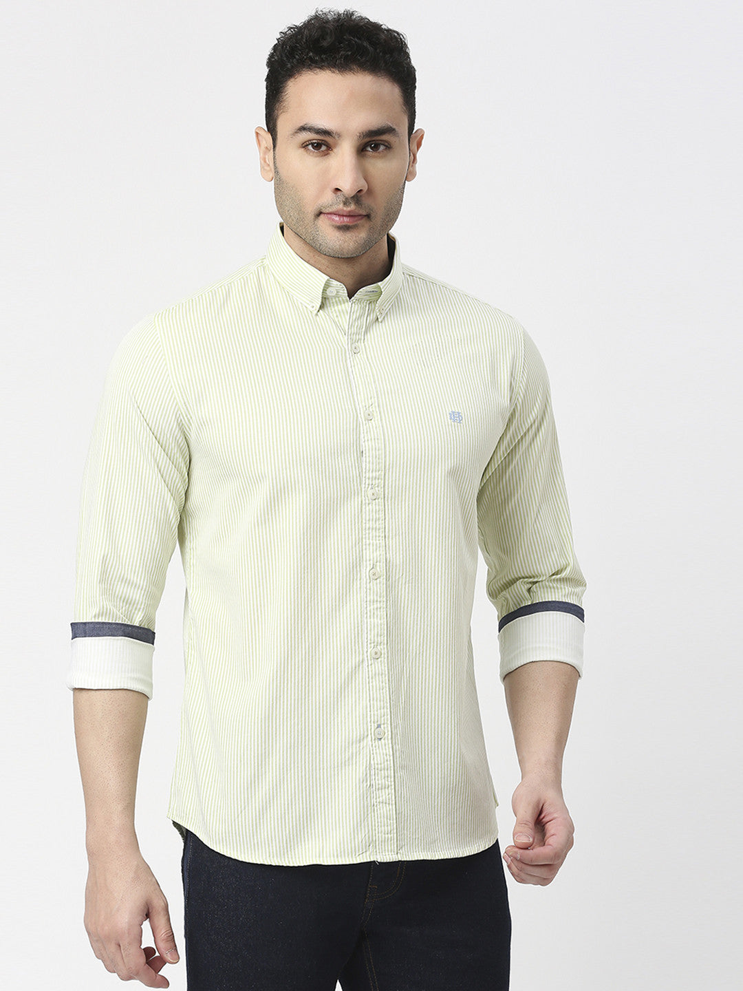 Lime Green Twill Verticle Striped Shirt With Button Down Collar