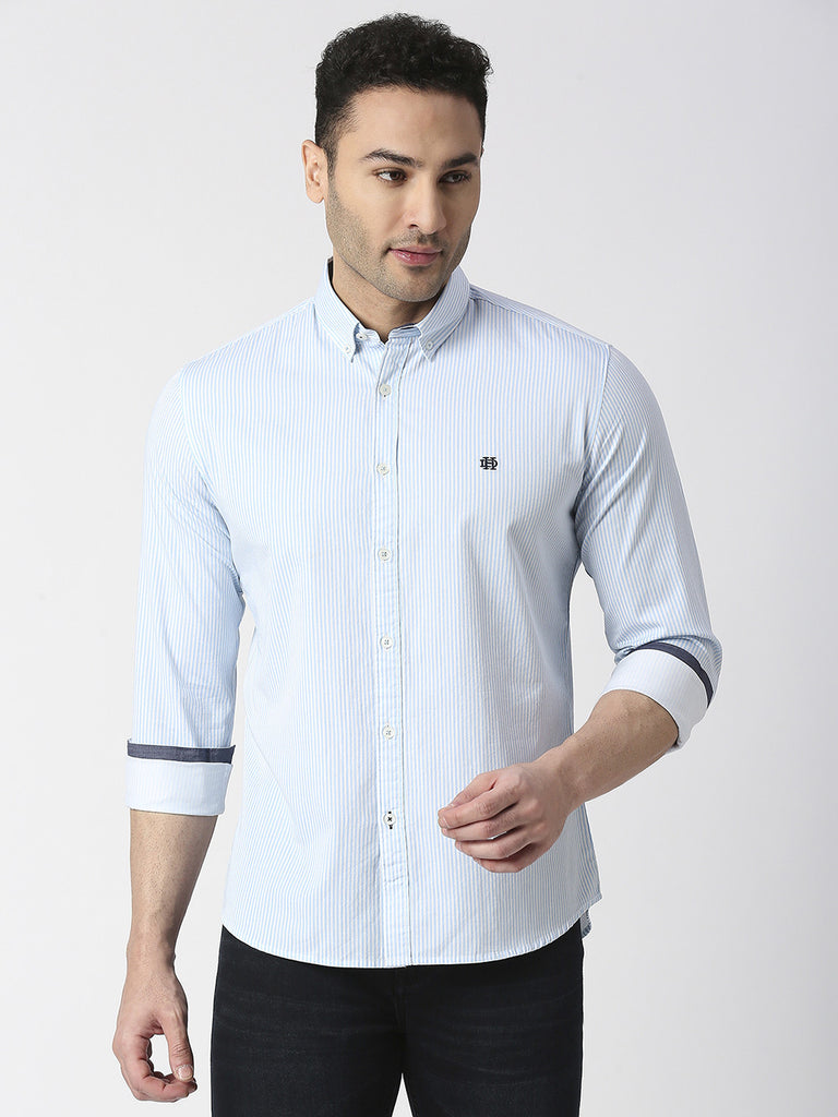 Aqua Twill Verticle Striped Shirt With Button Down Collar