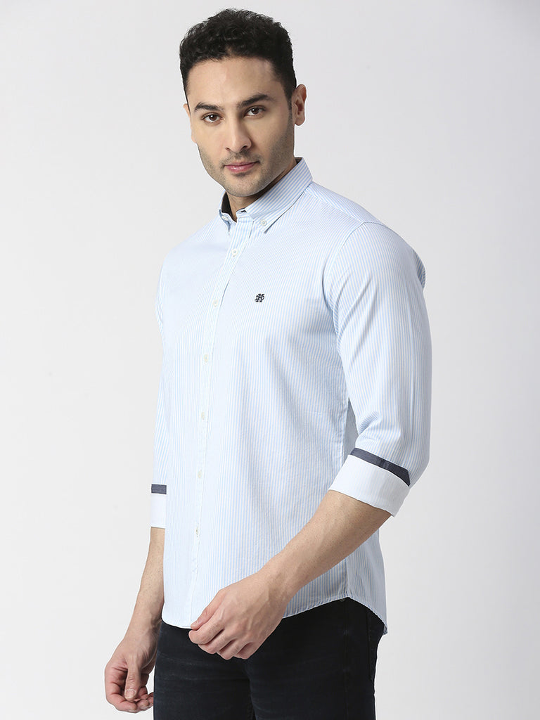 Aqua Twill Verticle Striped Shirt With Button Down Collar