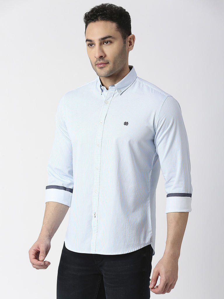 Aqua Twill Verticle Striped Shirt With Button Down Collar