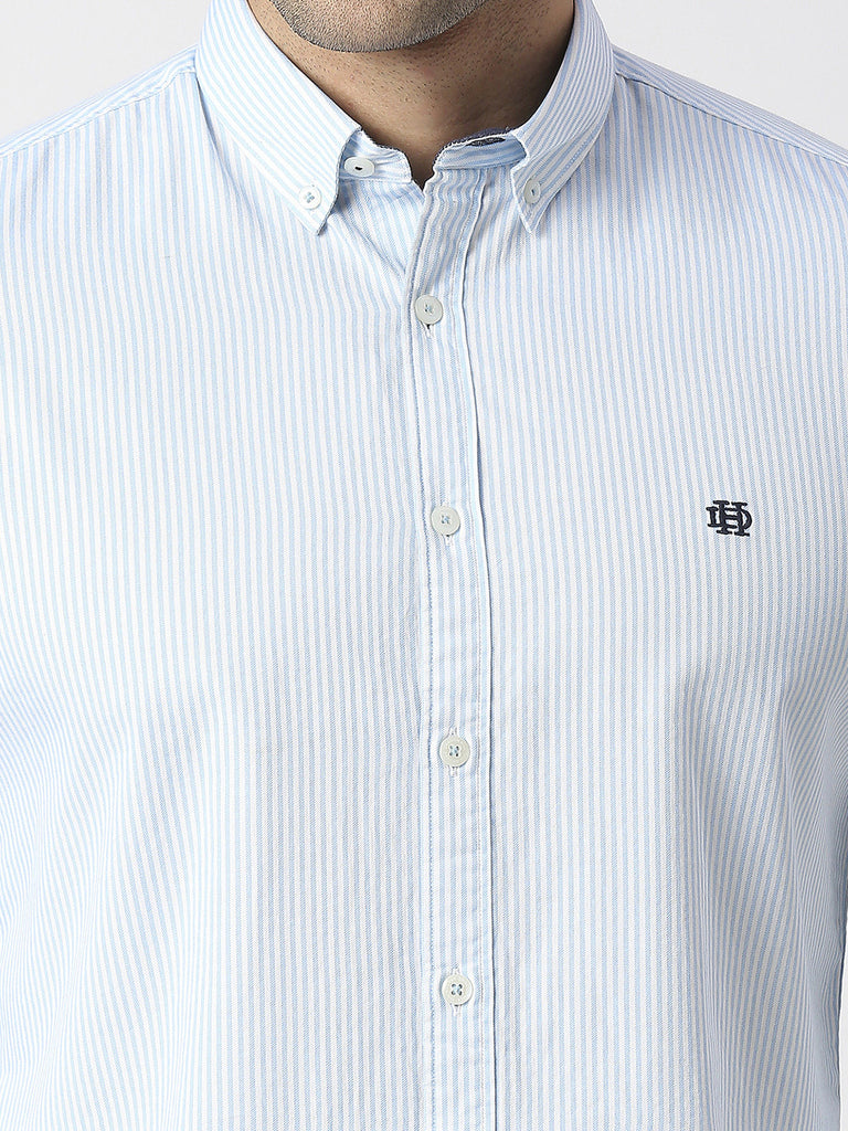 Aqua Twill Verticle Striped Shirt With Button Down Collar