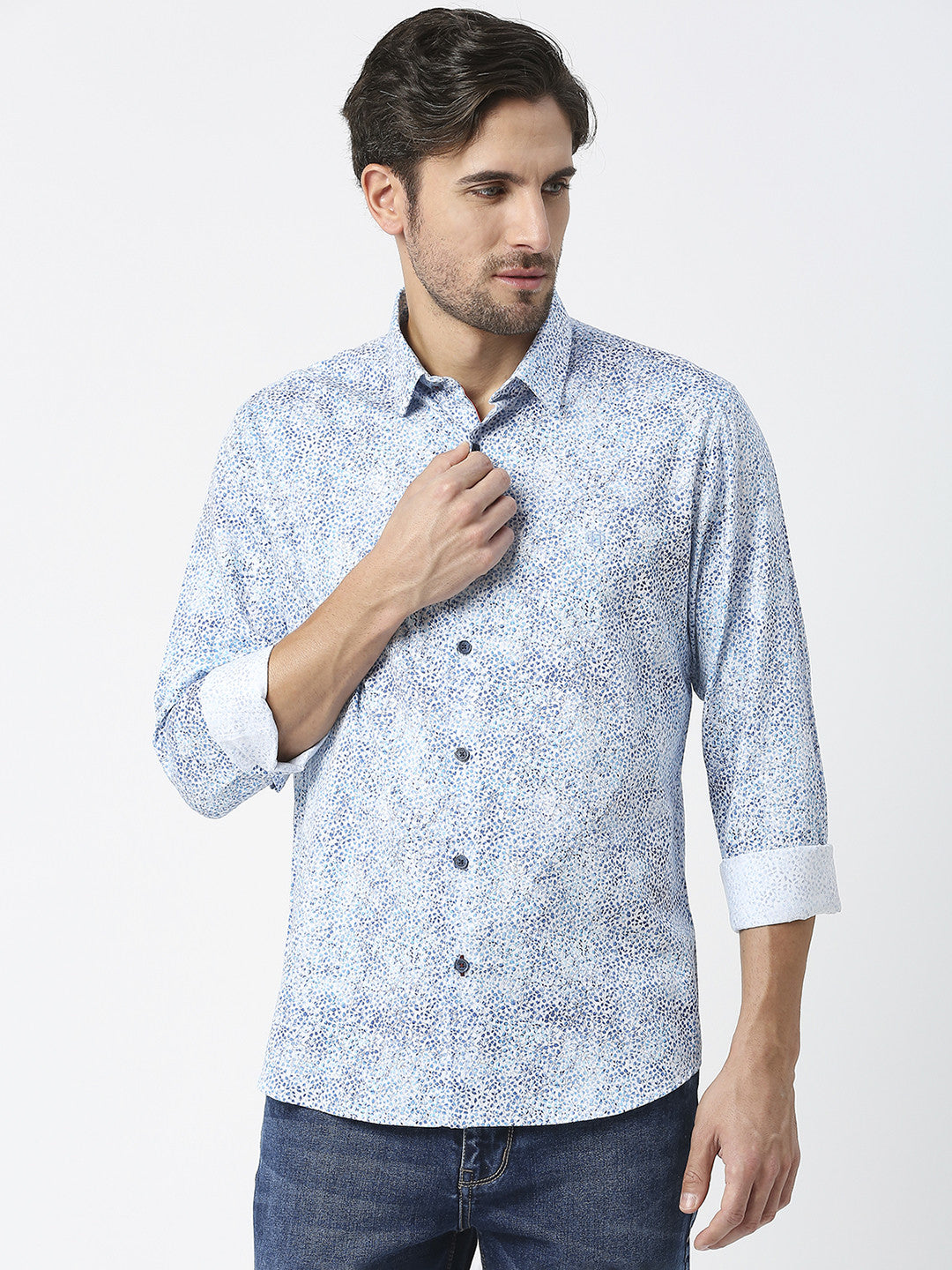 Aqua Blue Cotton Satin Digital Printed Shirt