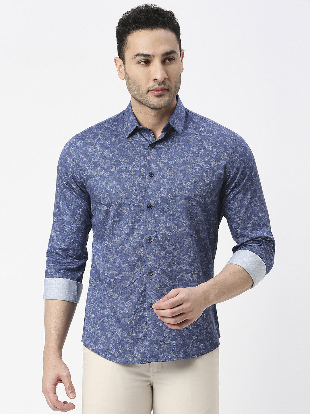 Dark Blue Cotton Satin Digital Printed Shirt