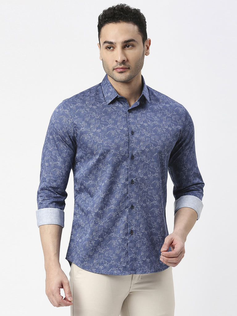 Dark Blue Cotton Satin Digital Printed Shirt