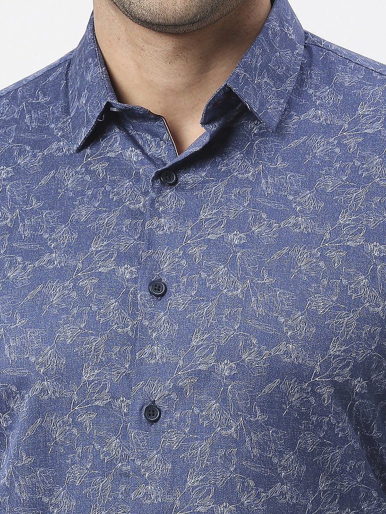 Dark Blue Cotton Satin Digital Printed Shirt