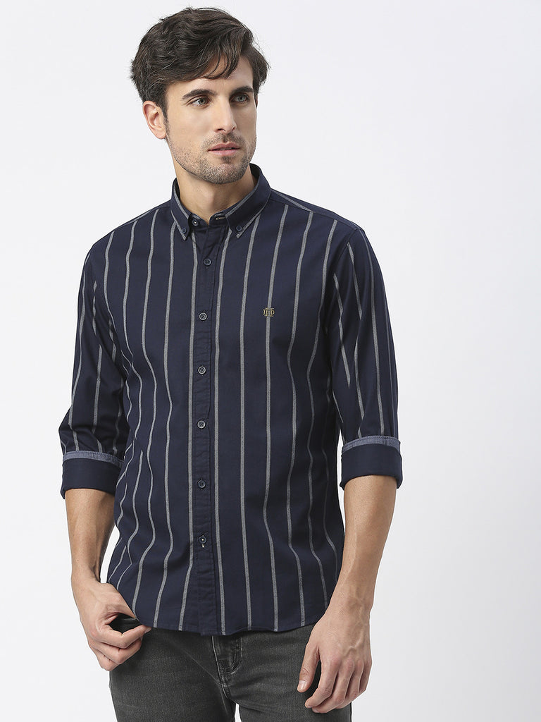 Navy Twill Striped Shirt With Button Down Collar