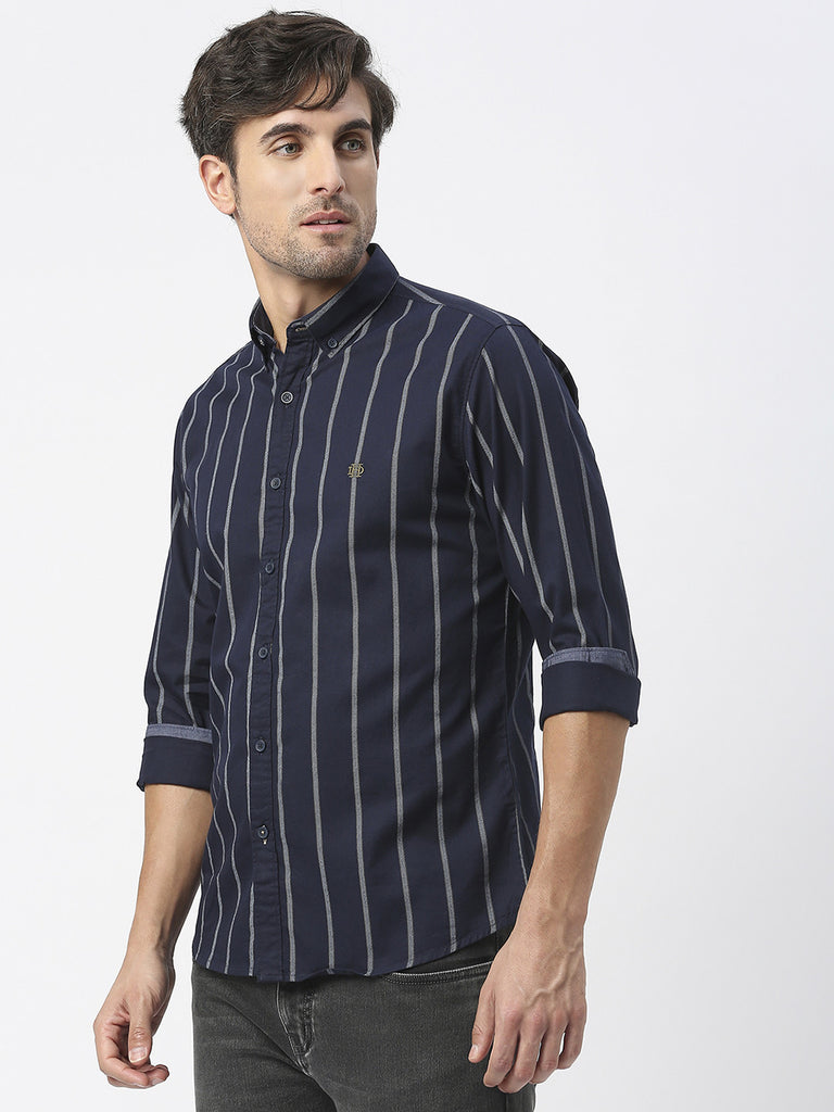 Navy Twill Striped Shirt With Button Down Collar