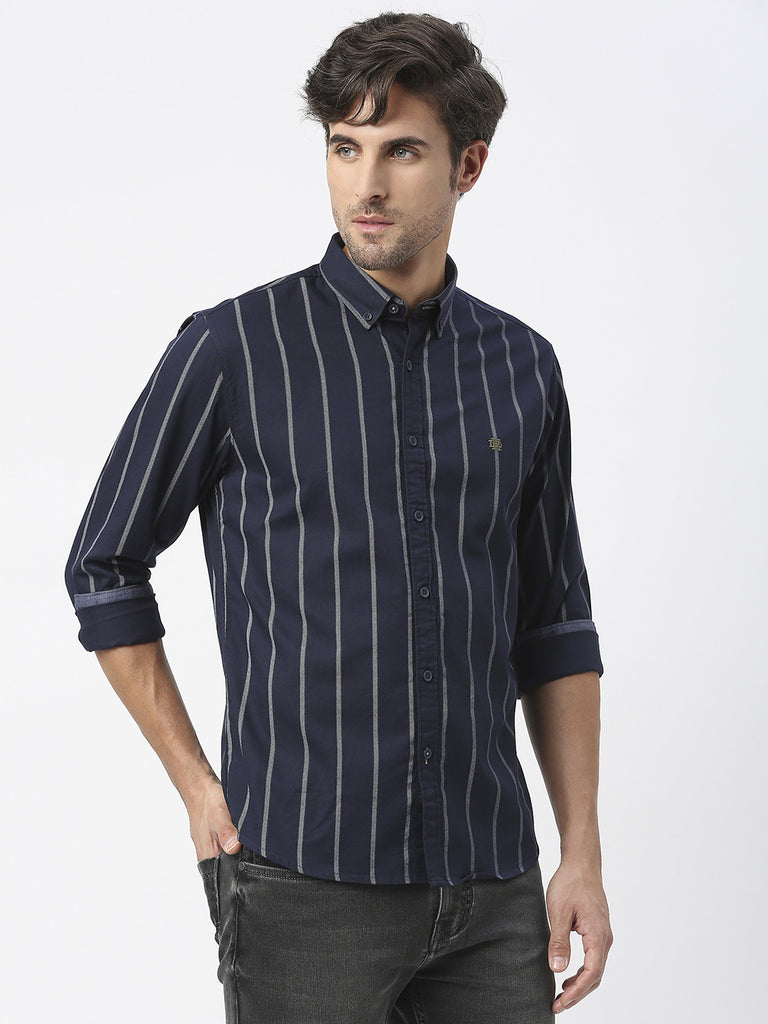 Navy Twill Striped Shirt With Button Down Collar