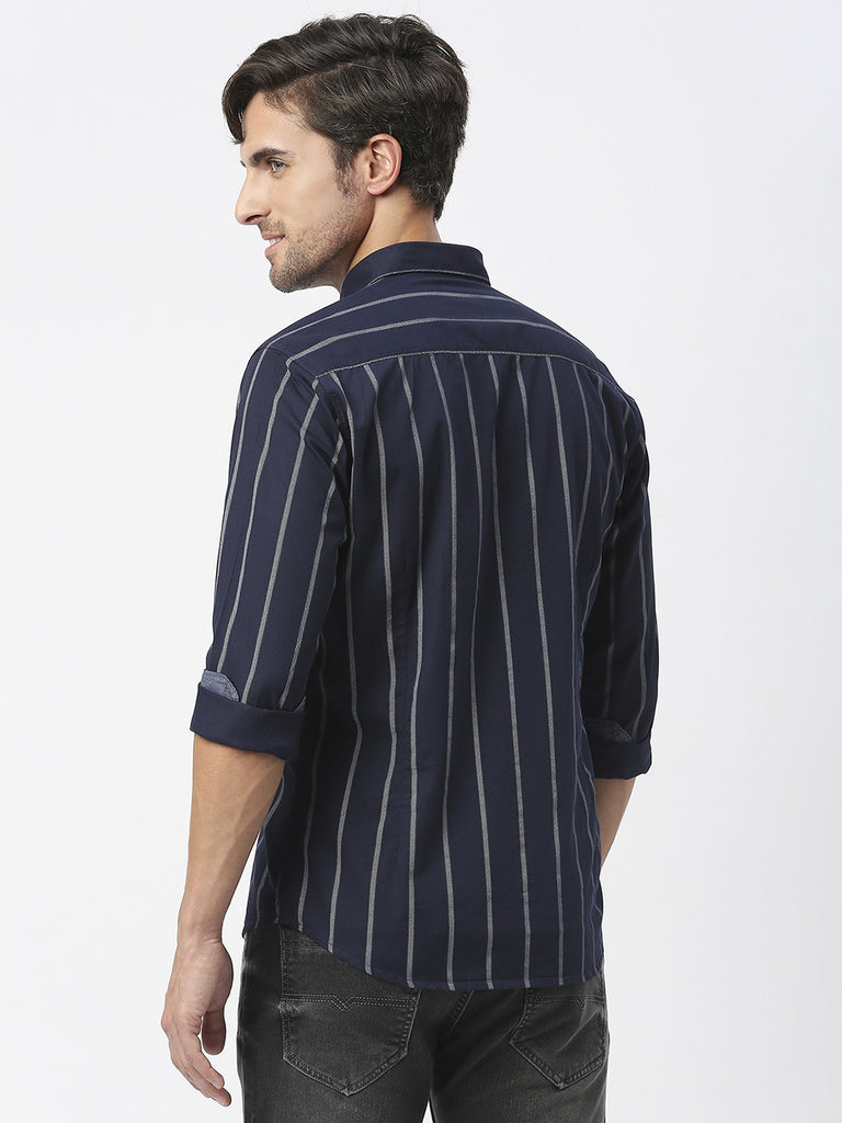 Navy Twill Striped Shirt With Button Down Collar