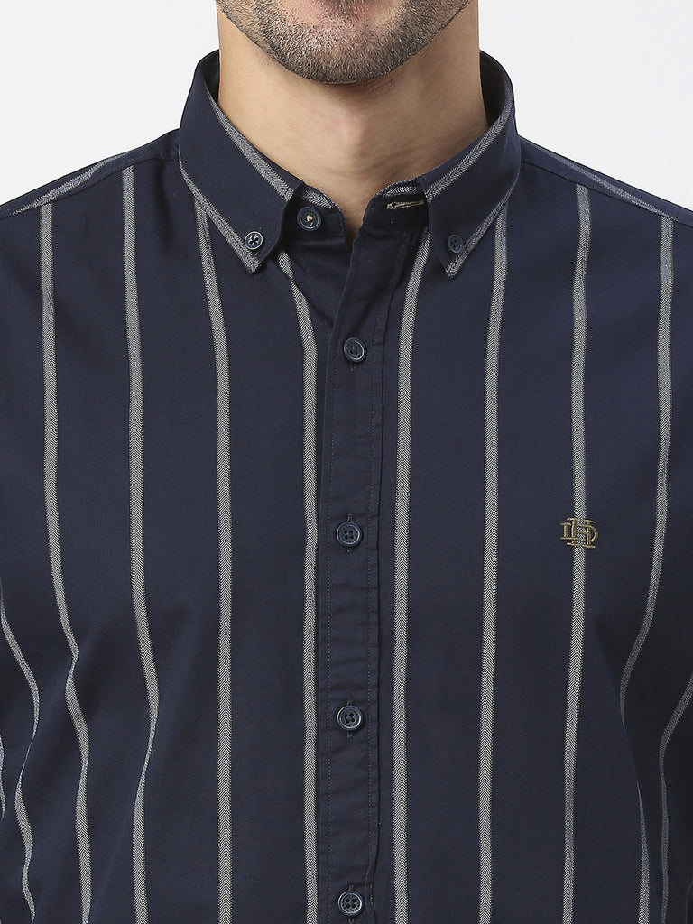 Navy Twill Striped Shirt With Button Down Collar