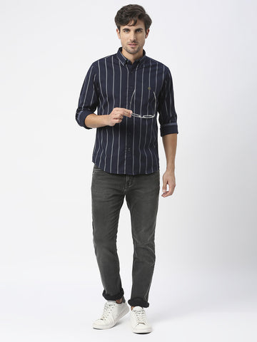 Navy Twill Striped Shirt With Button Down Collar