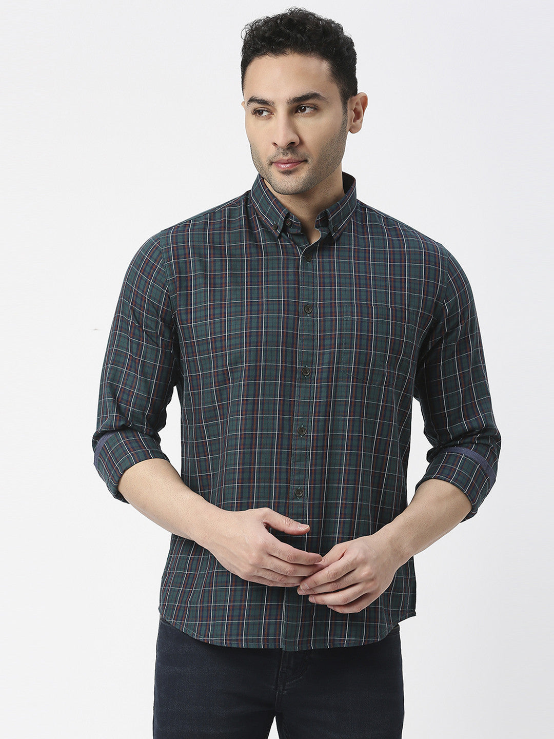 Bottle Green Premium Cotton Fine Twill Checks Shirt