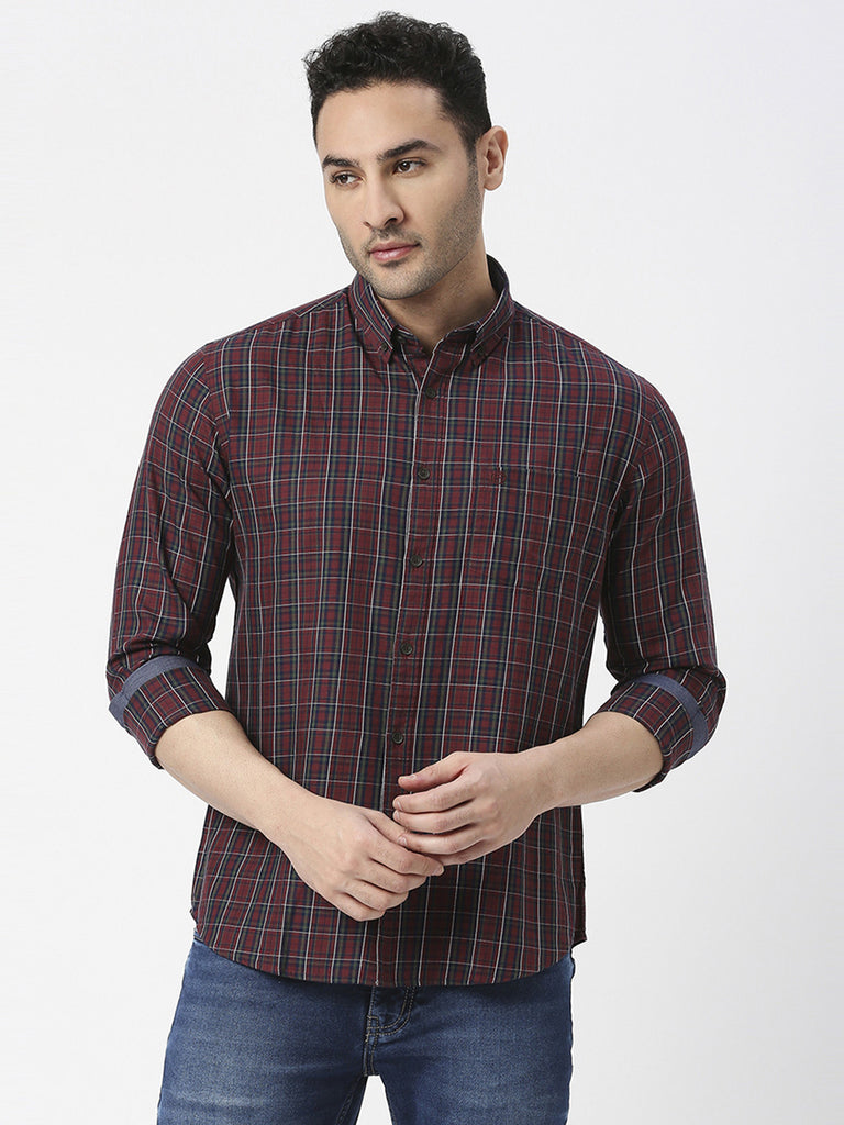 Wine Premium Cotton Fine Twill Checks Shirt