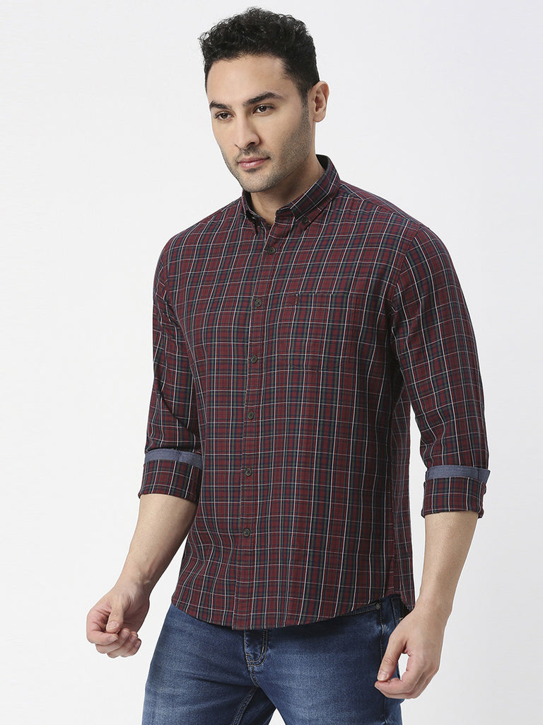 Wine Premium Cotton Fine Twill Checks Shirt