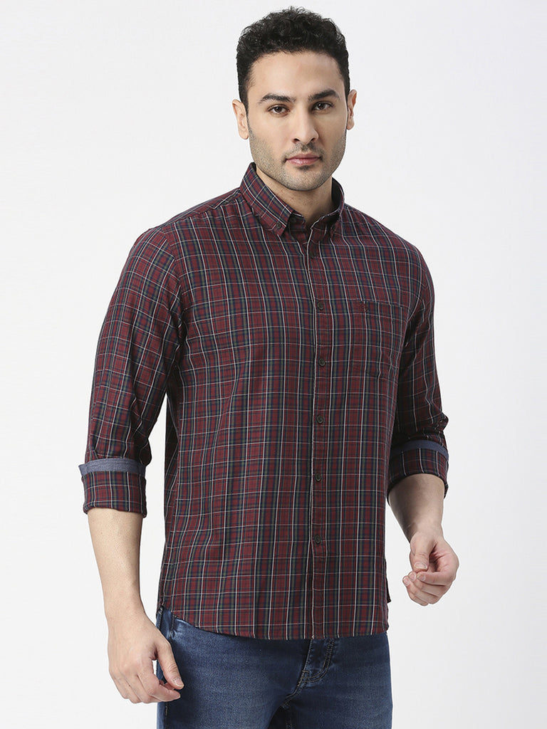 Wine Premium Cotton Fine Twill Checks Shirt